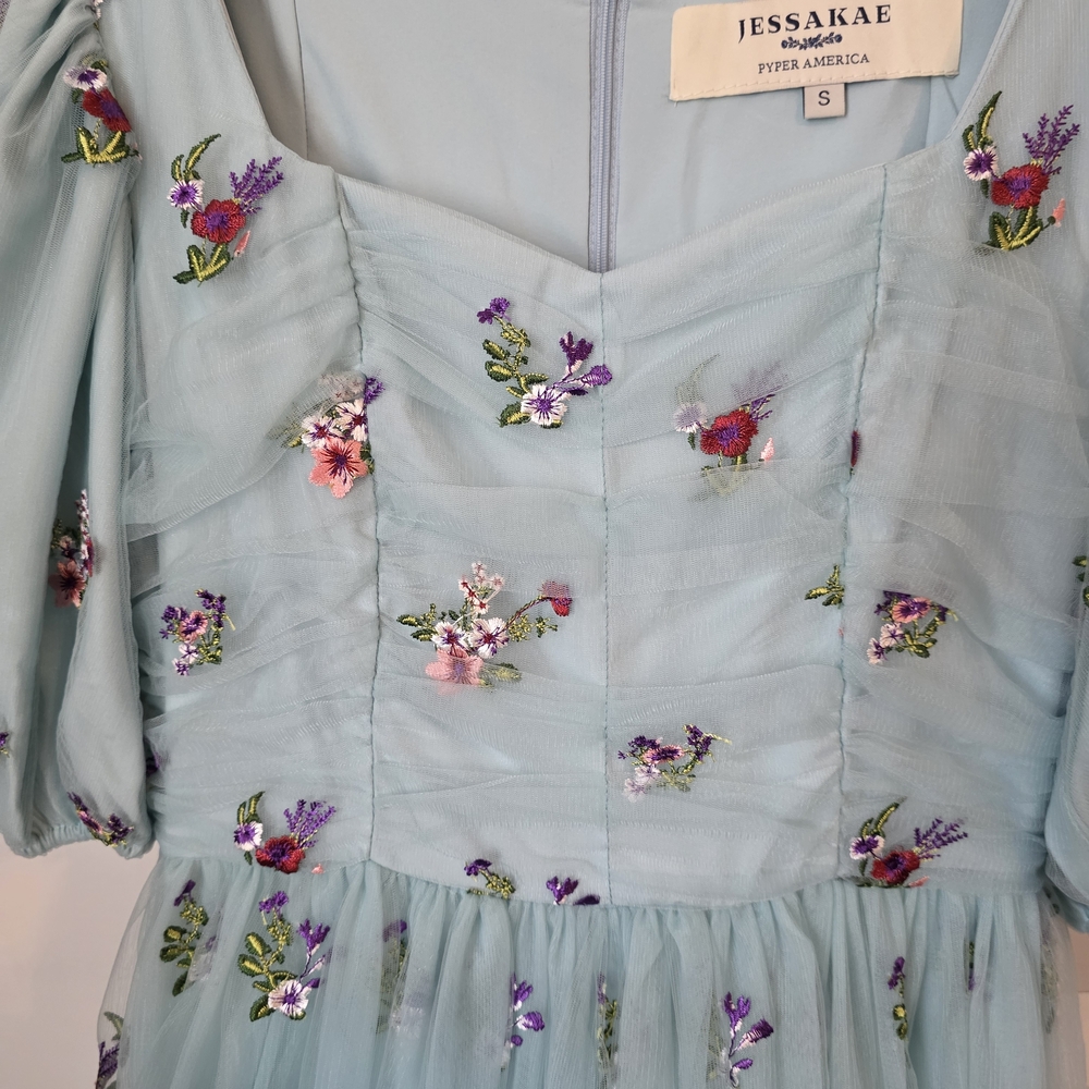 Jessakae Blue Embroidered Tulle Maxi Dress Cottagecore Princess S - Picture 3 of 5